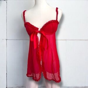 Y2K la Senza glitter mesh ribbon Red Sheer Babydoll Lingerie Y2K whimsygoth M